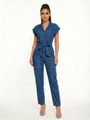 Belted Notch Cuffed Sleeve Denim Jumpsuit- Dark Denim