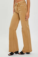 Mid Rise Wide Leg Fold Over Waist Pants - Mocha