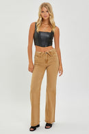 Mid Rise Wide Leg Fold Over Waist Pants - Mocha