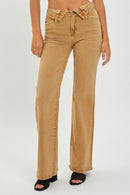 Mid Rise Wide Leg Fold Over Waist Pants - Mocha