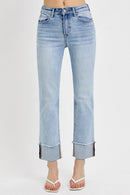 High Rise Straight Cuffed Relaxed Jeans - Light