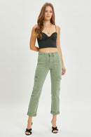 High Rise Cargo Roll-up Slim Pants - Olive