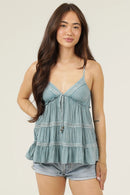 Acid Wash Lace Trim V Neck Cami Tank Top