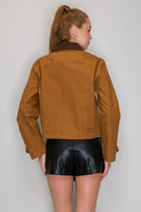 Corduroy Collar Zip-Up Jacket - Brown/Taupe