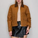 Corduroy Collar Zip-Up Jacket - Brown/Taupe
