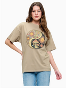 Beige Boho T-Shirt Yin-Yang Celestial Mushroom Print