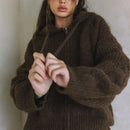 Cable Knit Hoodie Zip up Cardigan- Brown