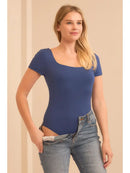 Square Neck Short Sleeve Bodysuit- Navy Blue