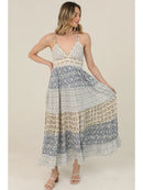 V Neck Mix Print Lace Trim Maxi Dress
