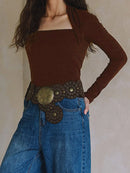 Long Sleeve Square Neck Top- Brown