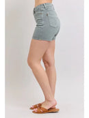 High Waisted Stone Blue Back Pocket Embroidery Shorts