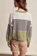 Striped Color Block Button Front Cardigan- Olive