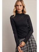Flower Lace Mock Neck Mesh Top-Black