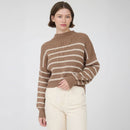 Striped Mock Neck Drop Shoulder Knit Sweater- Cocoa