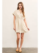 Stand Up Collar Pleated Waist Flare Dress