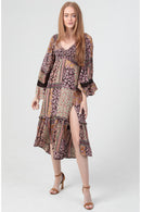 Tiered Midi Dress with Slit and Flare Sleeve with Trim- Espresso