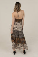 Halter Tie Mixed Print Maxi Dress- Ivory/Black