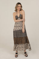 Halter Tie Mixed Print Maxi Dress- Ivory/Black