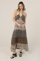 Halter Tie Mixed Print Maxi Dress- Ivory/Black