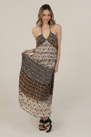Halter Tie Mixed Print Maxi Dress- Ivory/Black
