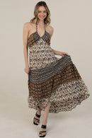 Halter Tie Mixed Print Maxi Dress- Ivory/Black