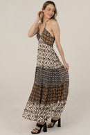 Halter Tie Mixed Print Maxi Dress- Ivory/Black