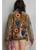 Vine Motifs Embroidered Long Sleeve Contrast Velvet Jacket- Olive