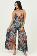V Neck Open Tie Back Wide Leg with Lace Inset Jumpsuit
