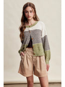 Striped Color Block Button Front Cardigan- Olive