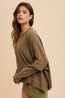 Garment Washed Crew Neck Top - Dark Olive
