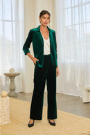 Ruched Sleeve Open-Front Velvet Blazer- Hunter Green