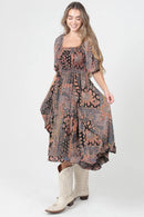Smocked Bodice Half Sleeve Midi Dress with Hanky