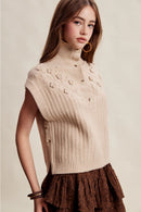 Floral Embroidered Mock Neck Sweater Vest Taupe