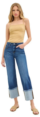Mid Rise Crop Wide Cuffed Jeans