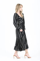 V Neck Twist Front Long Sleeve Maxi Dress - Black