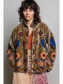 Vine Motifs Embroidered Long Sleeve Contrast Velvet Jacket- Olive