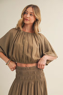 Shirred Waistband Voluminous Sleeve Blouse