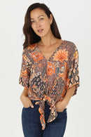Printed Short Sleeve Top With Tie Front
