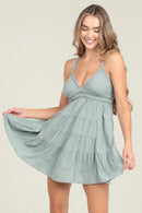 V Neck Lace Trim Double Straps Tiered Skirt Dress