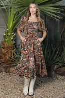 Cactus Print Smocked Bodice Puff Sleeve Midi Dress