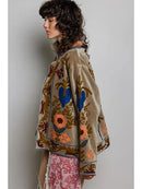 Vine Motifs Embroidered Long Sleeve Contrast Velvet Jacket- Olive