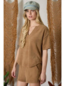 Split Neck Short Sleeve Terry Knit Top- Mocha