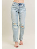 Judy Blue Mid Rise Repair Stitch Detail Destroy Single Cuff Boyfriend