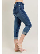 Mid Rise Dark Wash Cuffed Capri