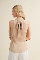 Tie-Back Mock Neck Ribbed Knit Top