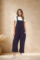 RED POLKA DOTS PRINT NAVY CORDUROY OVERALLS