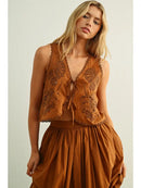 Embroidery Tied In Front Sleeveless Top